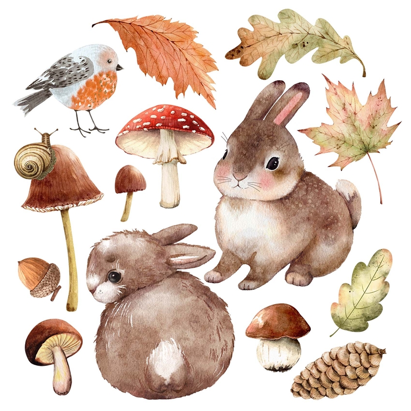 Fabric Wall Sticker &#039;Rabbits &amp; Mushrooms&#039; Brown