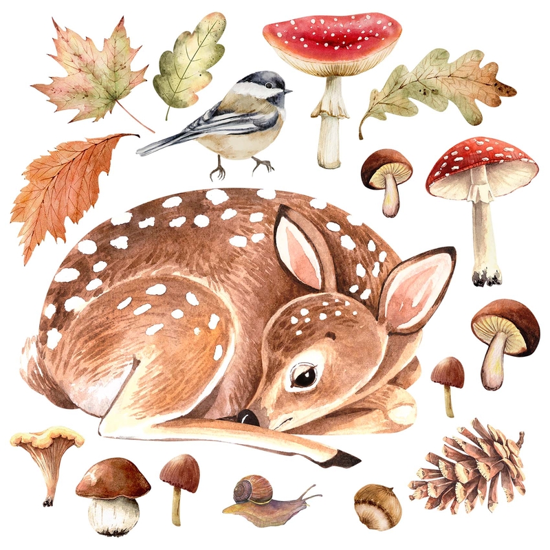 Fabric Wall Stickers &#039;Deer &amp; Mushrooms&#039; Brown