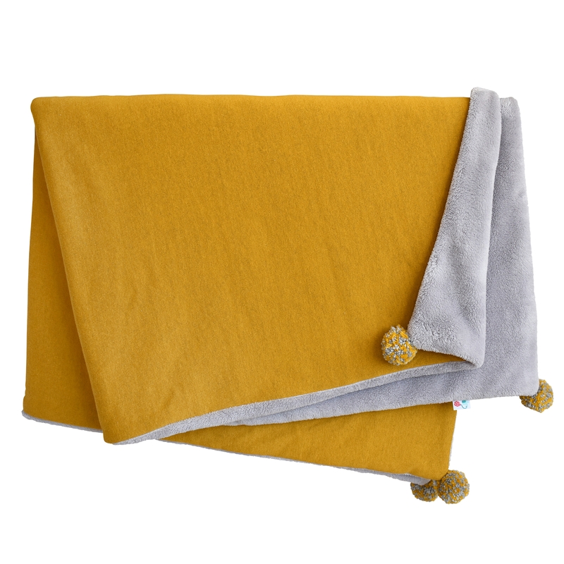 Blanket With Pompoms Mustard 100x140cm