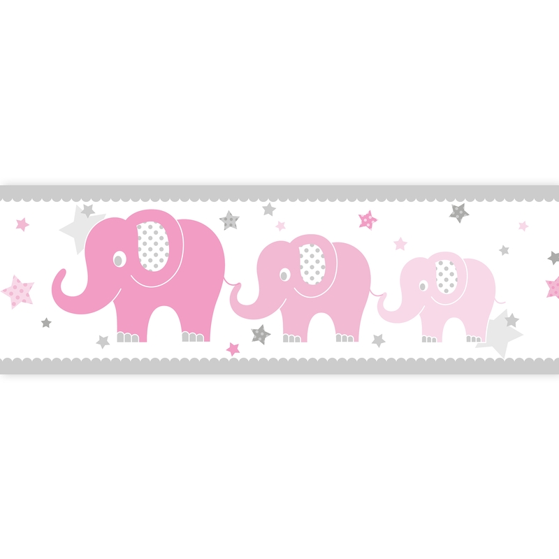 Wallpaper Border &#039;Elephants&#039; Pink Self-adhesive
