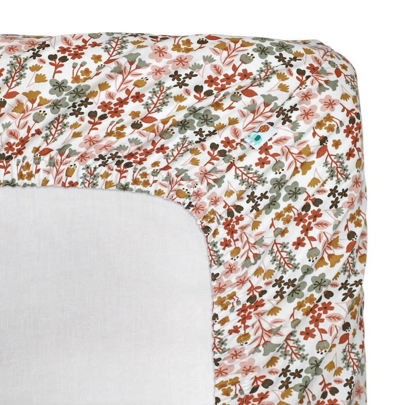 Organic Fitted Sheet &#039;Flowers&#039; Dark Red 90x200cm