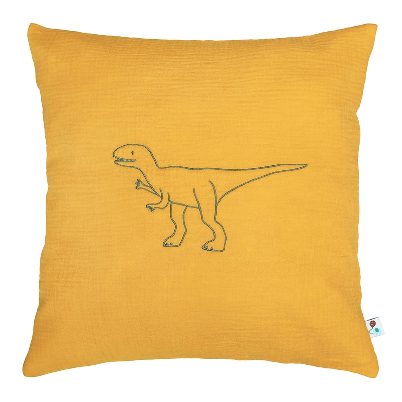 Pillowcase &#039;Dino&#039; Muslin Embroidered Mustard 50x50cm