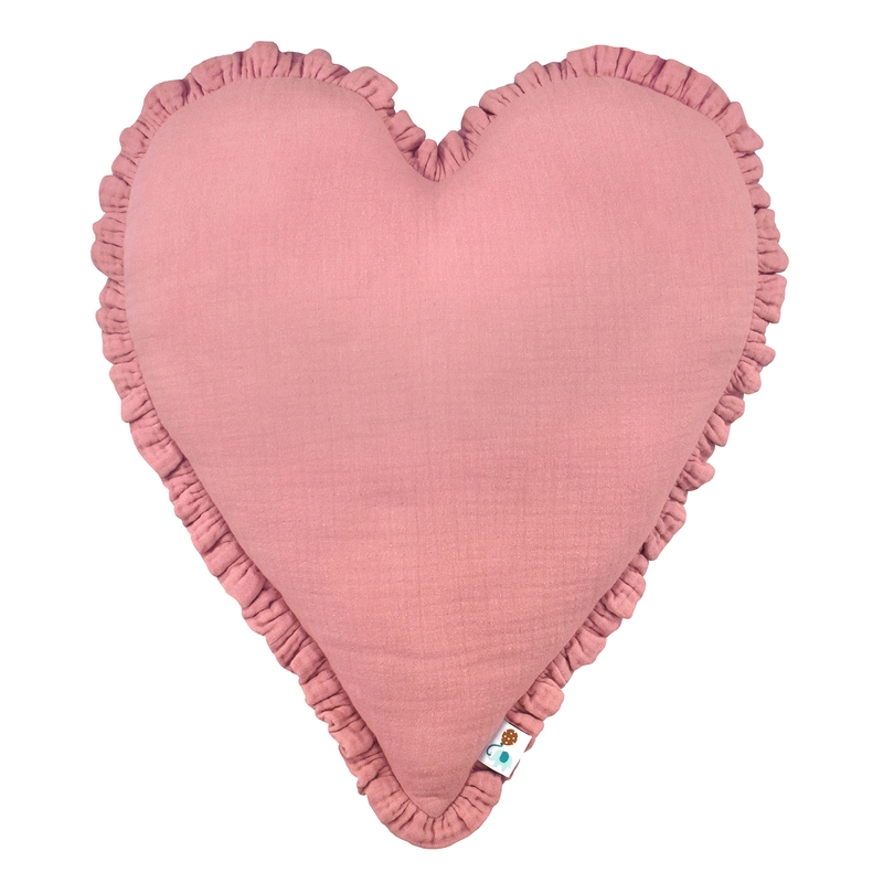 Organic Cushion &#039;Heart&#039; With Ruffles Dusty Rose 40cm