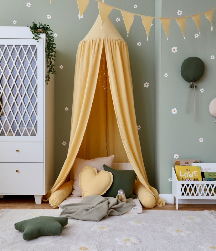 Playroom With Light Yellow Canopy &amp; Green Decor