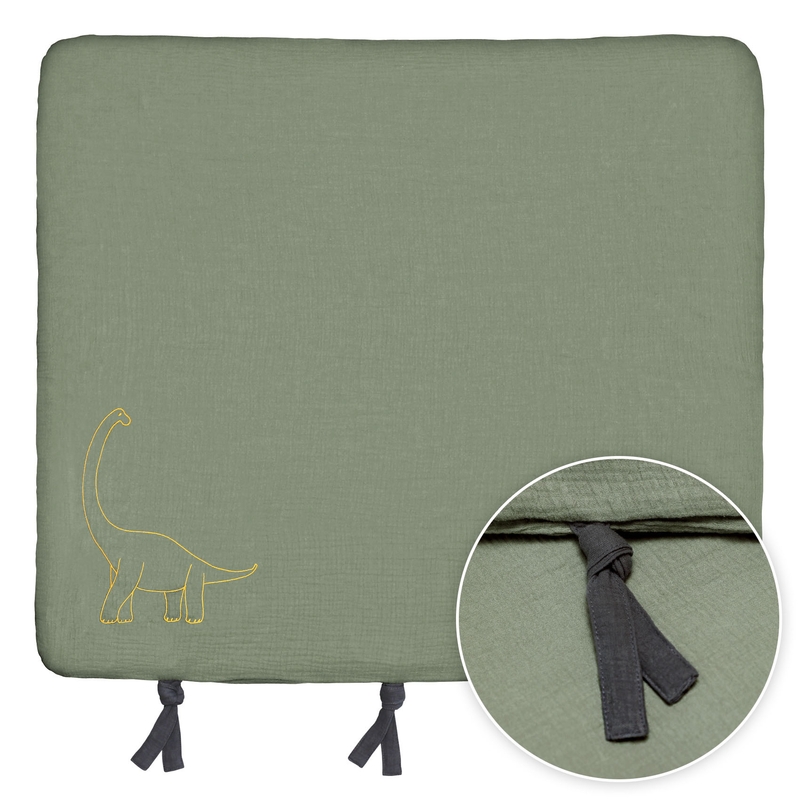 Organic Changing Pad Cover Embroidered &#039;Dino&#039; Khaki