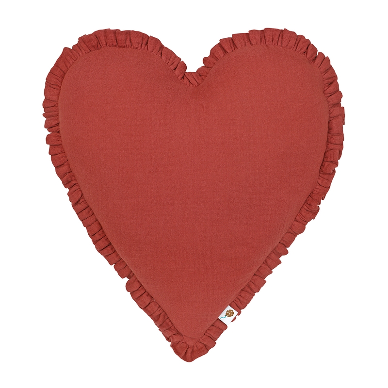 Organic Cushion &#039;Heart&#039; With Ruffles Dark Red 40cm
