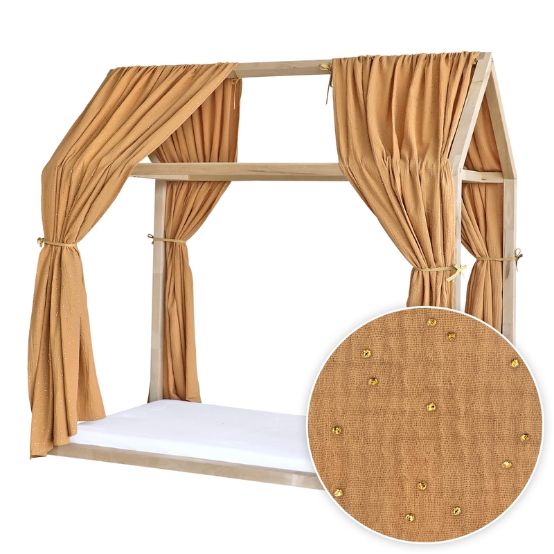 House Bed Canopy Set Of 2 &#039;Golden Dots&#039; Muslin Camel