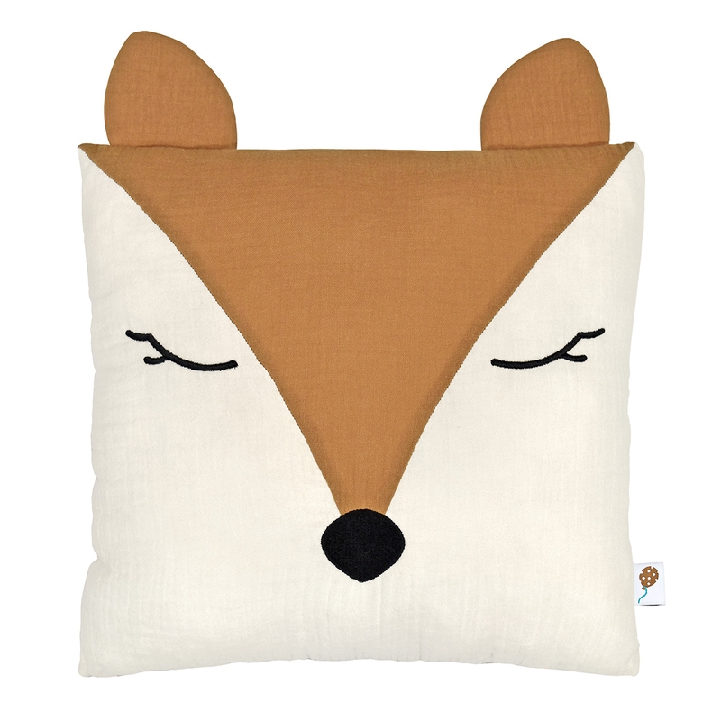 Organic Cushion &#039;Fox Freddy&#039; Embroidered Camel 30cm