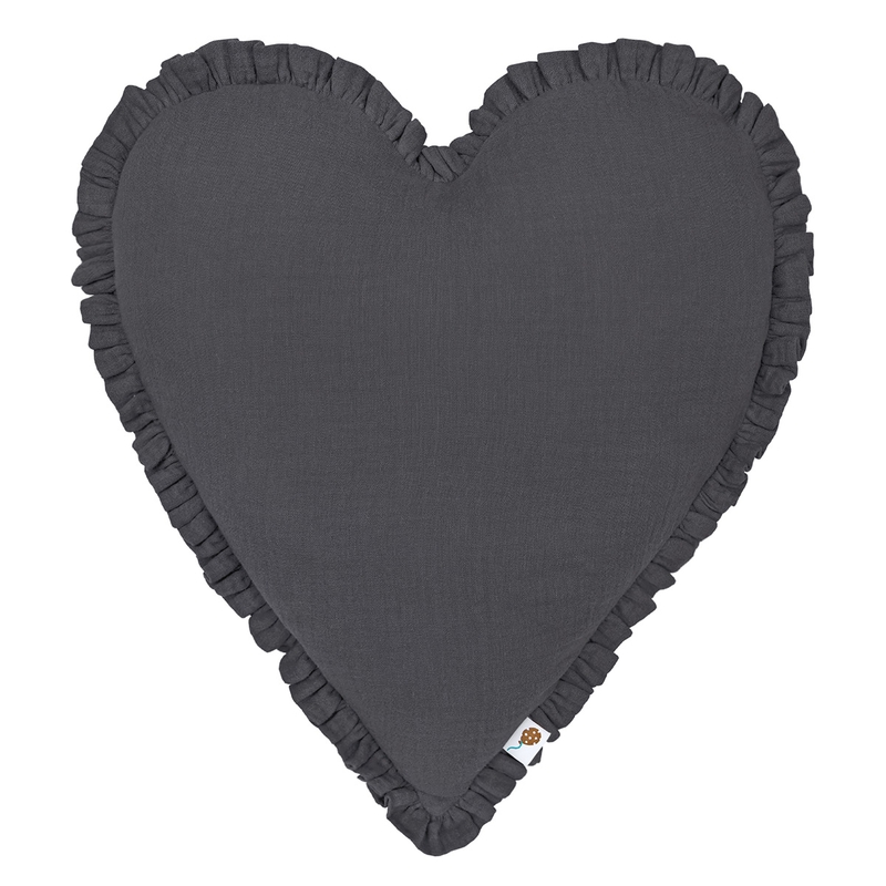 Organic Cushion &#039;Heart&#039; With Ruffles Dark Grey 40cm