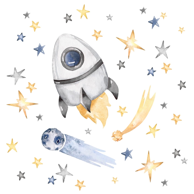 Fabric Wall Stickers &#039;Rocket &amp; Stars&#039; Watercolor