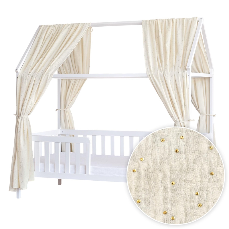 House Bed Canopy Set Of 2 &#039;Dots&#039; Cream/Gold 350cm