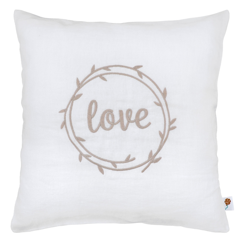 Linen Pillowcase &#039;Love&#039; Embroidered White 40x40cm Recycled