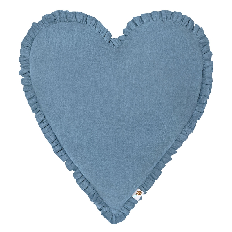 Organic Cushion &#039;Heart&#039; With Ruffles Dusty Blue 40cm