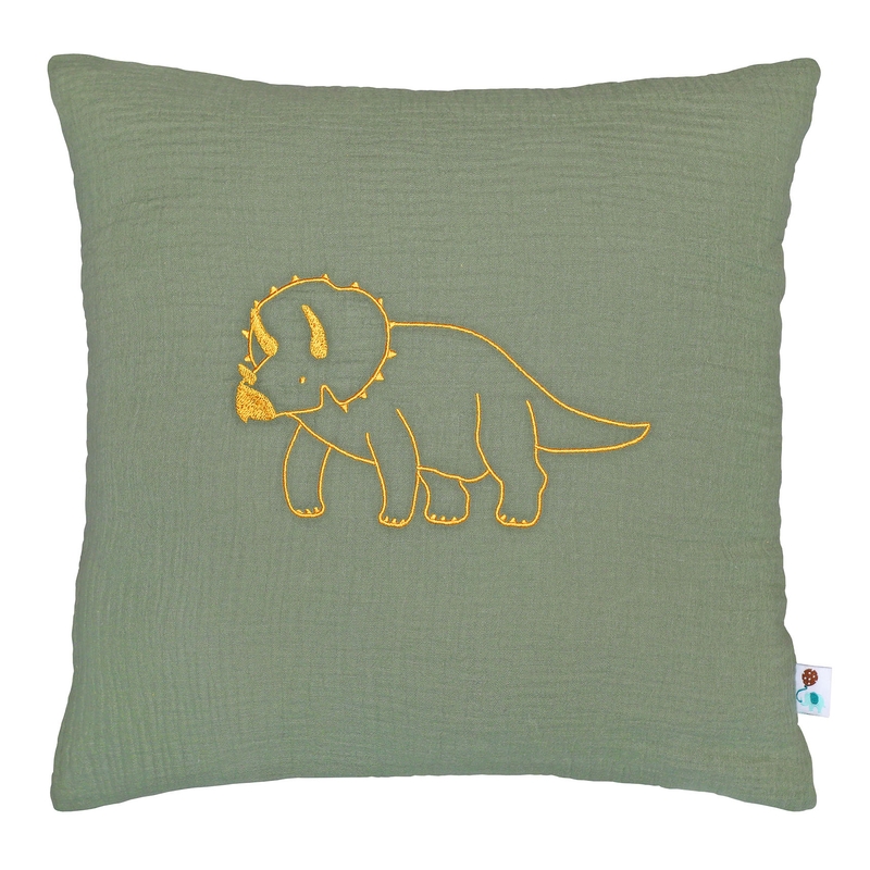 Organic Pillowcase &#039;Dino&#039; Embroidered Khaki 40x40cm