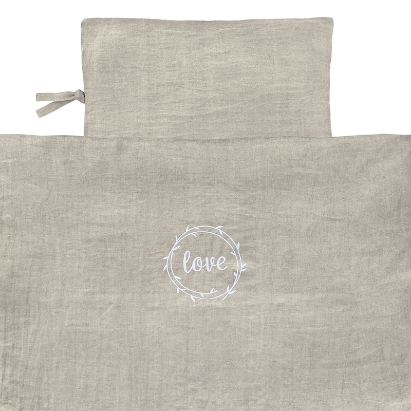 Linen Bedding &#039;Love&#039; Embroidered Beige 100x135cm Recyceled